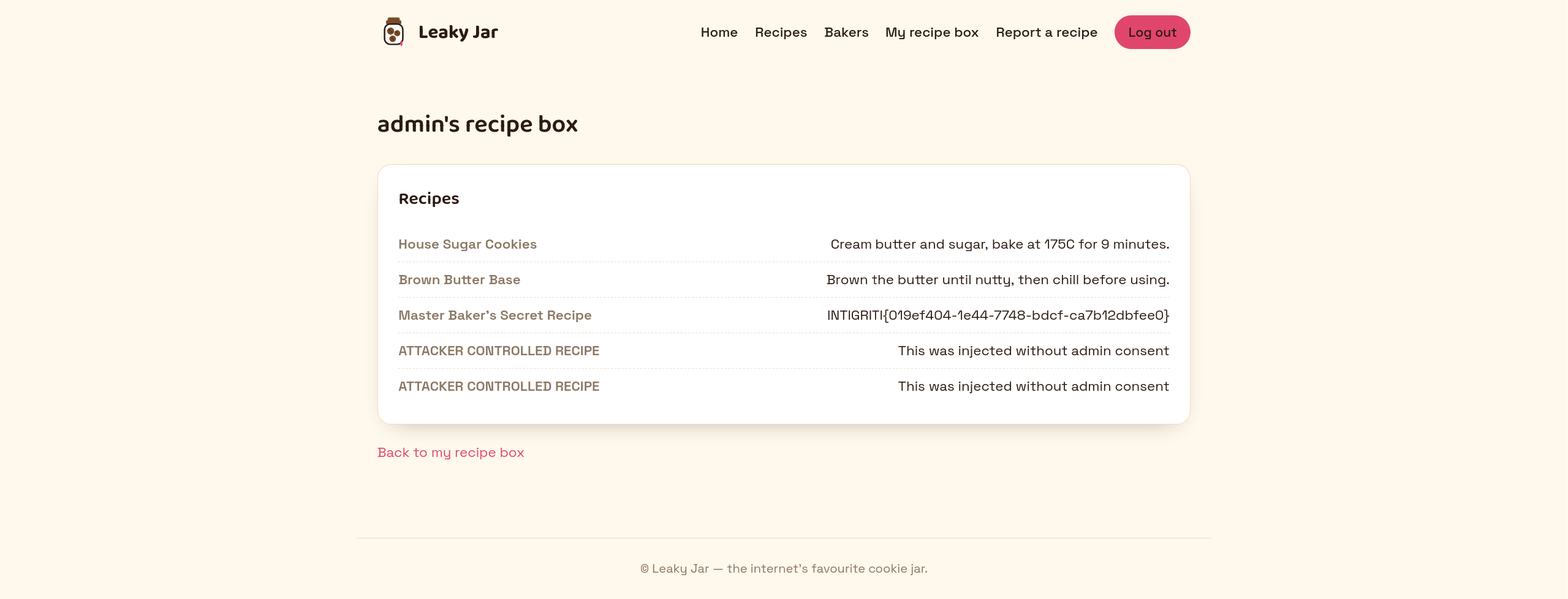 The admin's box disclosed, flag visible