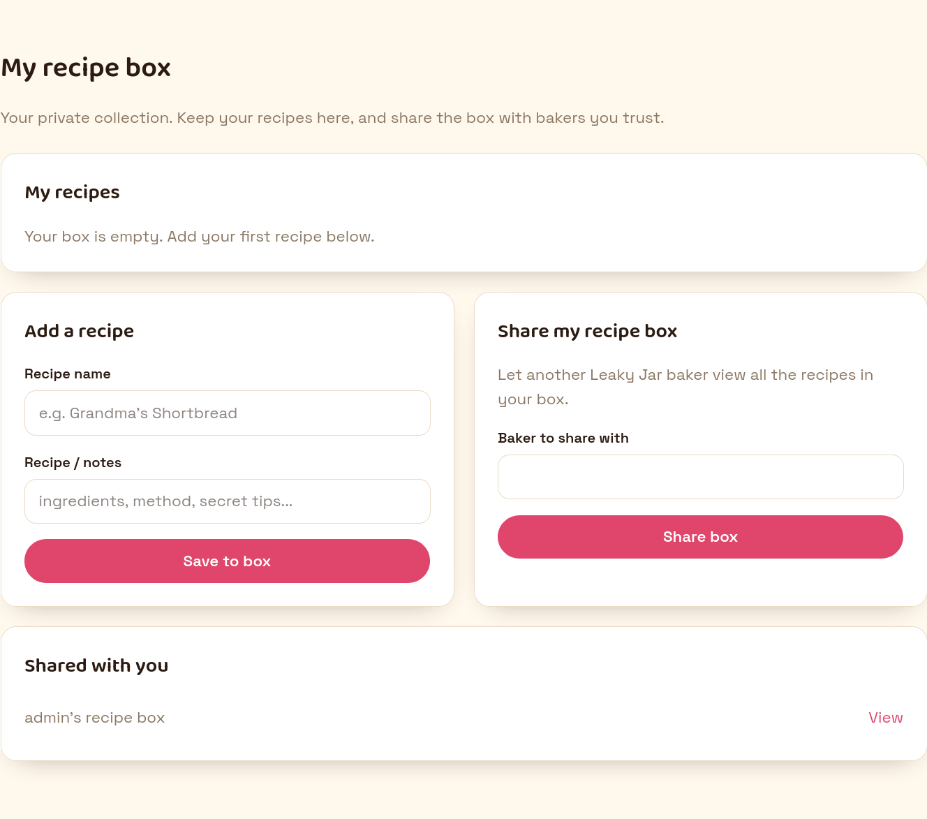 The "share my recipe box" form